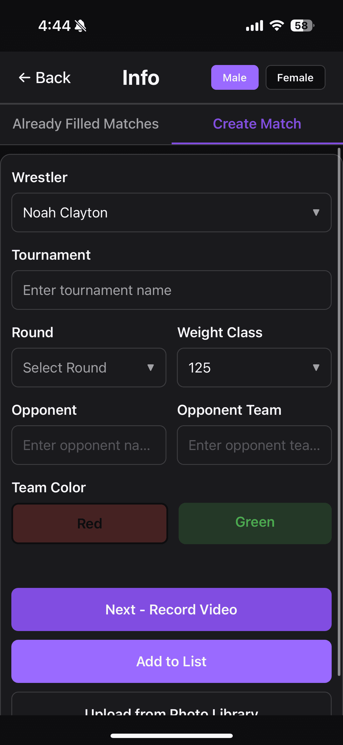 Create match screen with wrestler, tournament, round, weight class, and opponent fields.