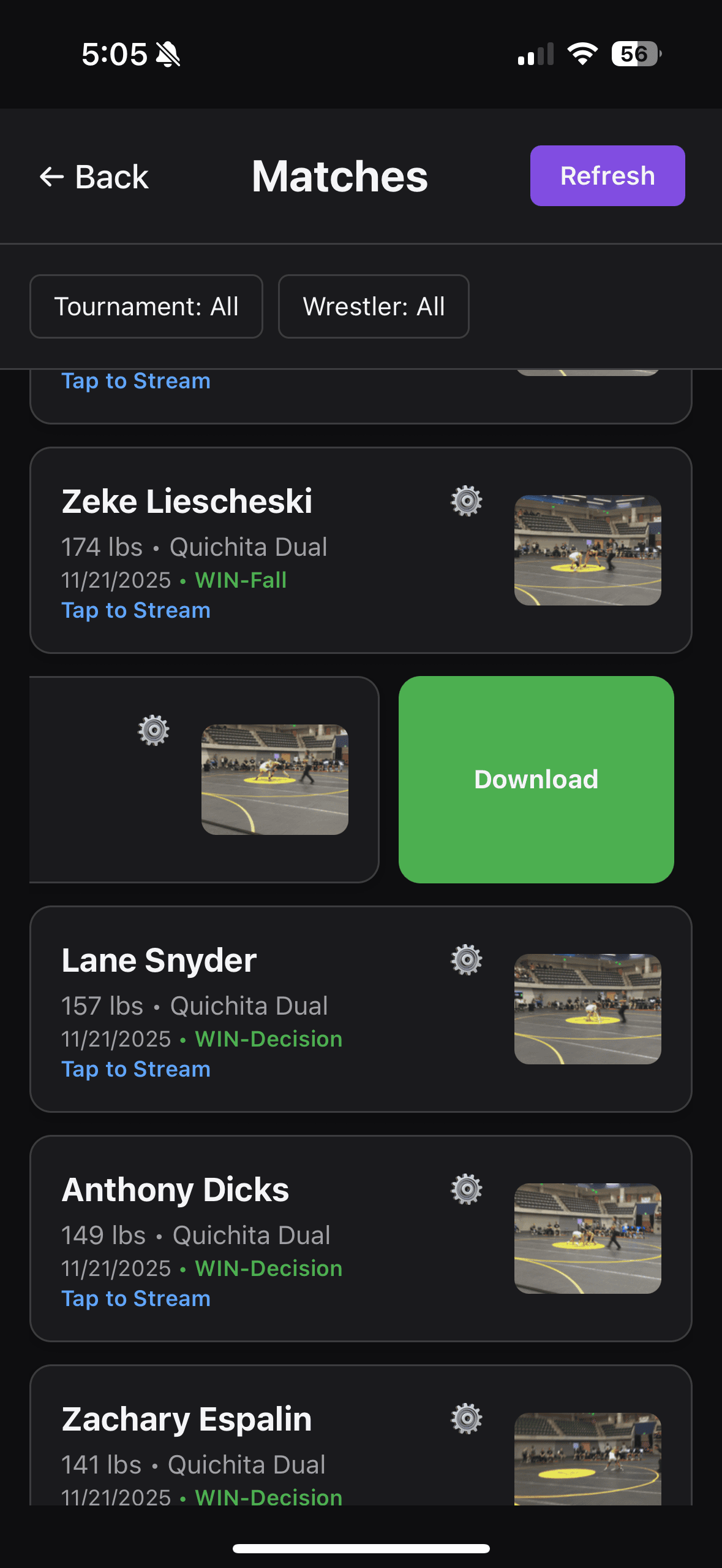 Edit video screen for updating wrestler, tournament, round, weight, and opponent metadata.