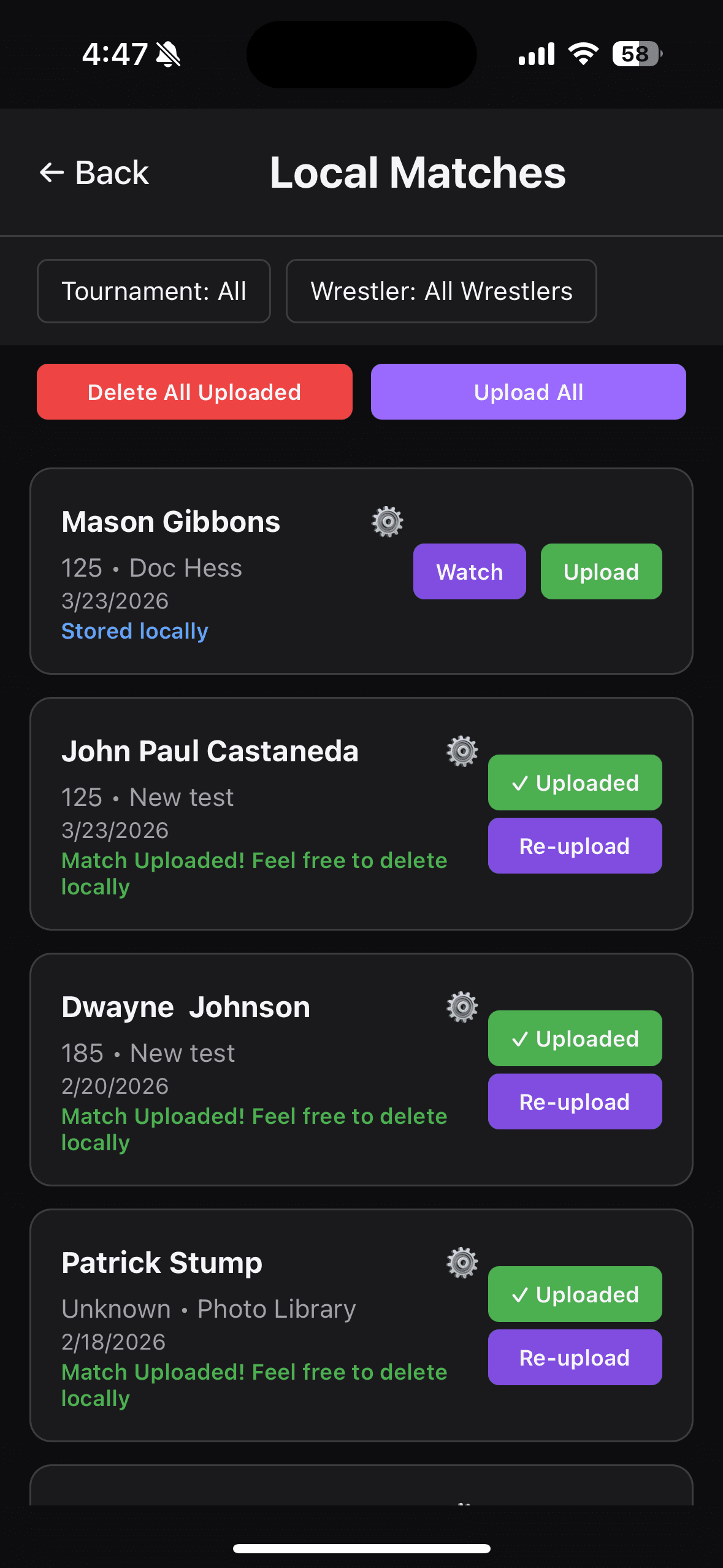 Local matches screen showing upload status, upload all, and re-upload actions.