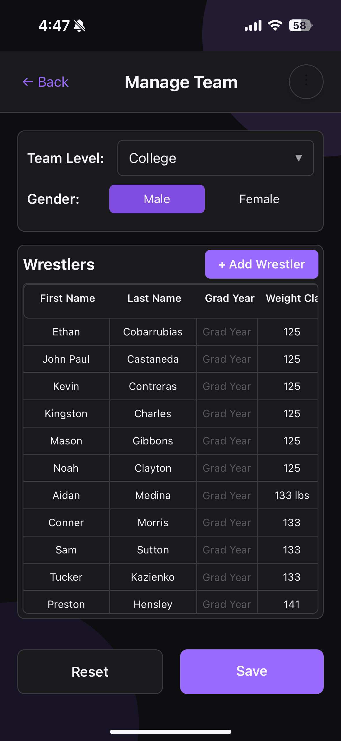 Manage team screen with roster table, gender toggle, and add wrestler action.