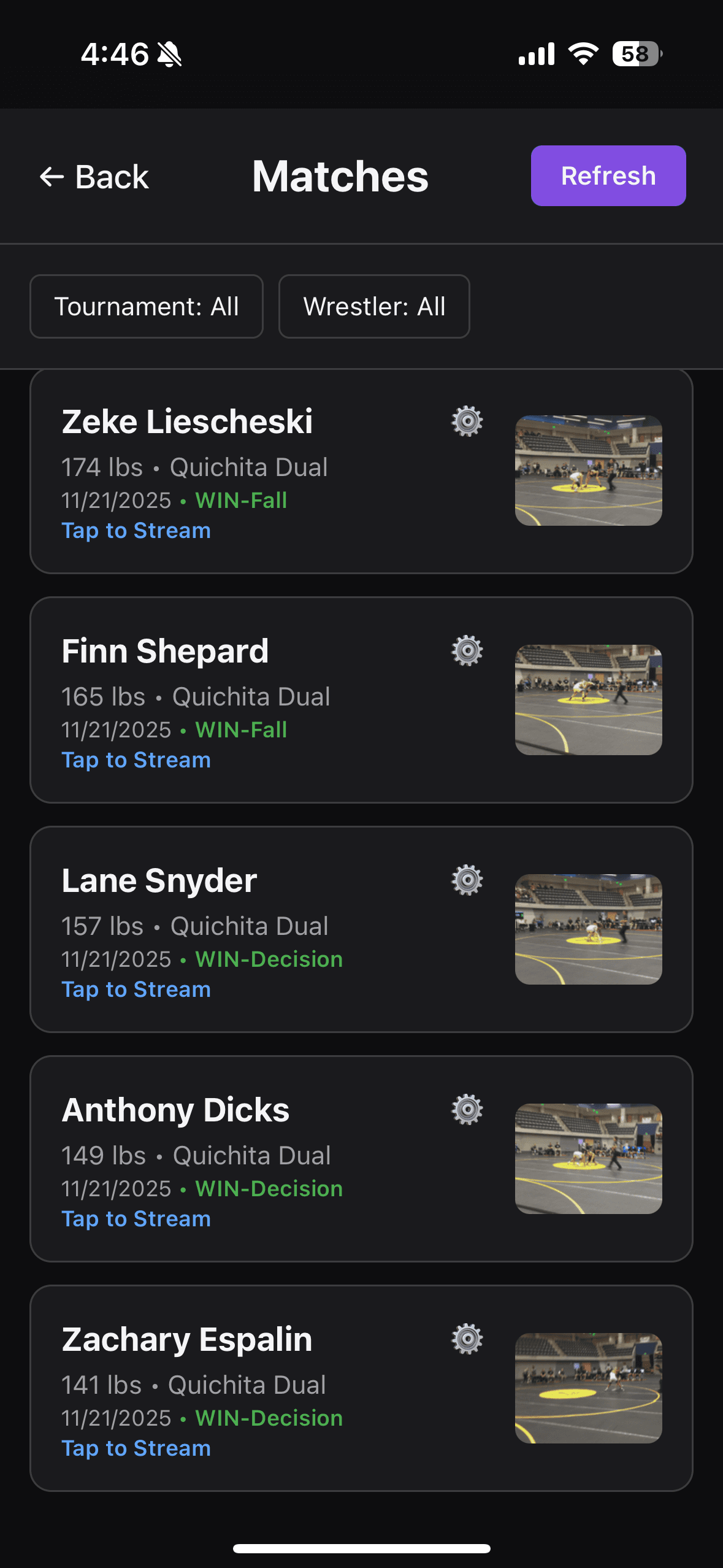 Match library screen with thumbnails, results, and tap to stream links.