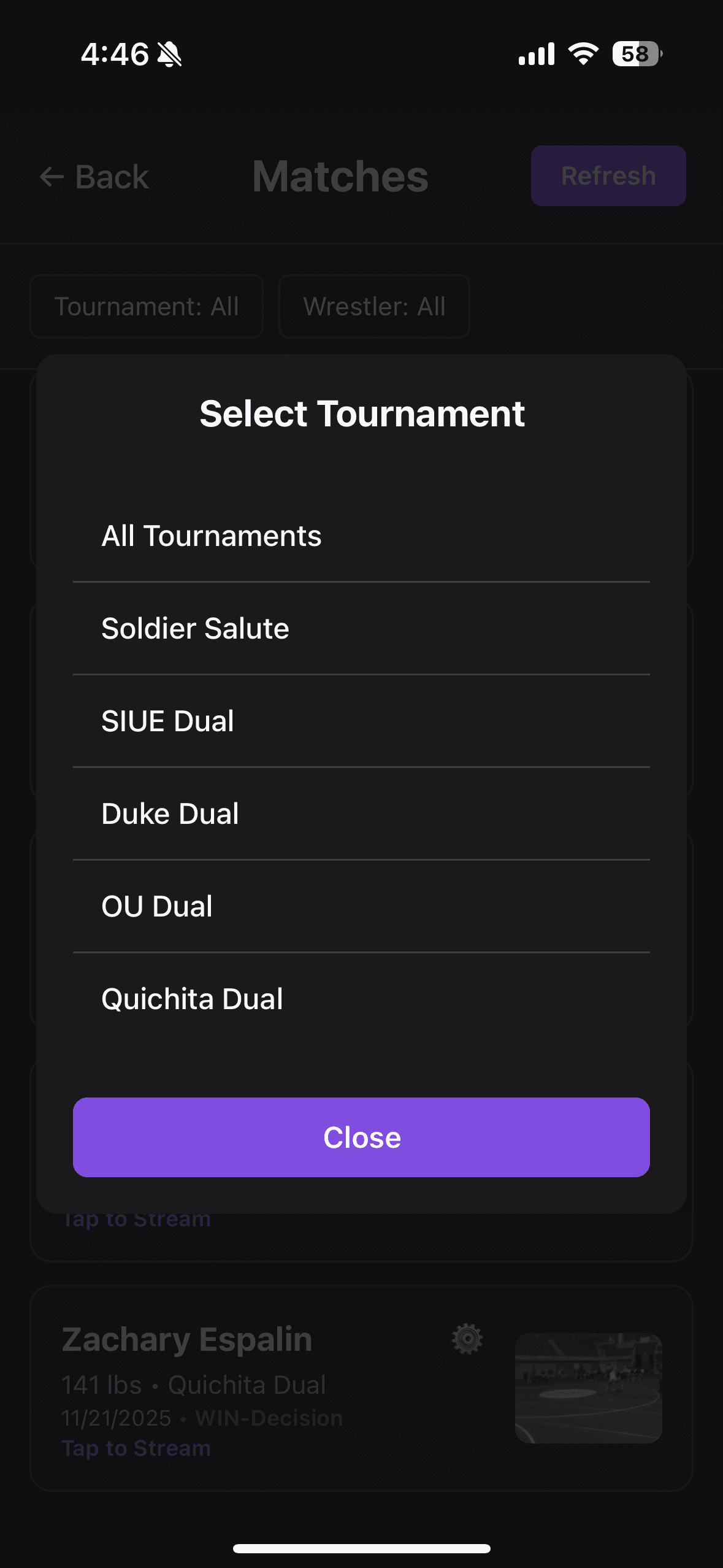 Tournament filter modal listing events like Soldier Salute and duals.