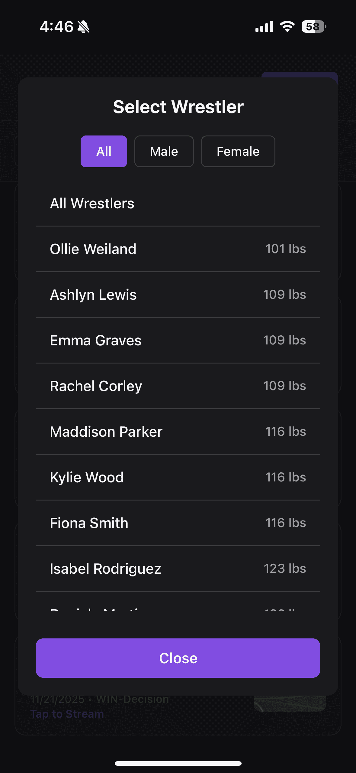 Wrestler filter modal with all, male, and female roster options.